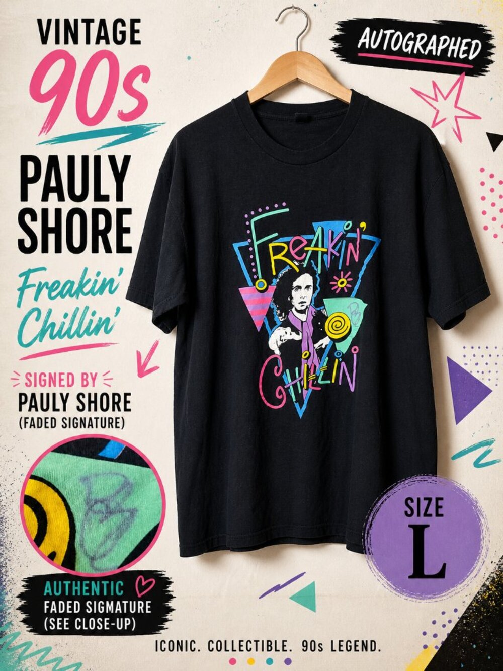 Vintage 90s Pauly Shore Freakin’ Chillin Graphic Tee SIGNED Black T-Shirt Size L